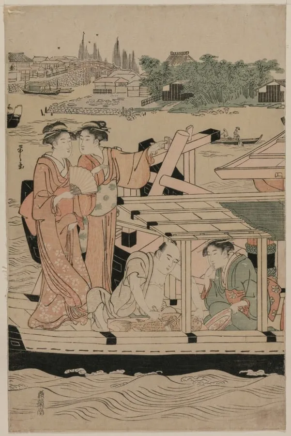Leftmost Print from Pleasure Boats on the Sumida River beneath Shin-Ōhashi Bridge, by Chôbunsai Eishi, 1792