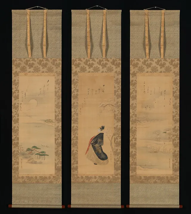 蜀山人（大田 南畝）賛　雪・月・花図　|Snow, Moon, and Cherry Blossoms (Yoshiwara in Three Seasons)