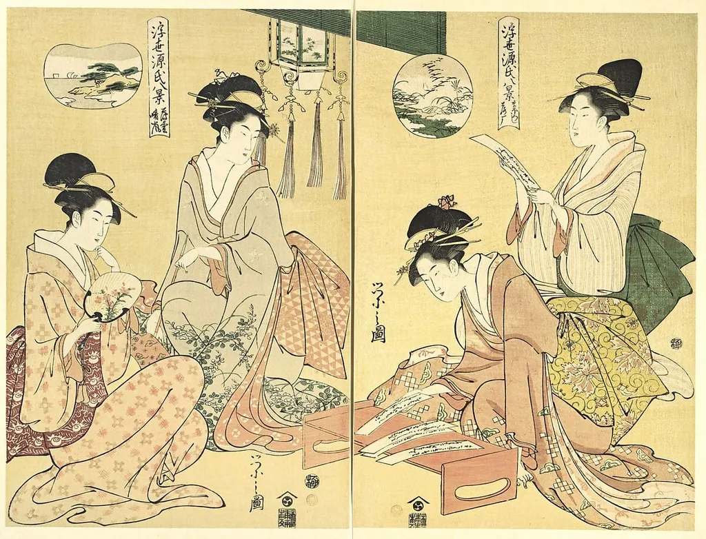 鳥文斎栄之画 「浮世源氏八景 幻 落雁 薄雲 晴嵐」|Spirit Summoner; Wild Geese Returning Home (Maboroshi; Rakugan) (right) and A Thin Veil of Clouds; Clearing Weather (Usugumo; Seiran) (left), from the series Eight Views of The Tale of Genji in the Floating World (Ukiyo Genji hakkei), by Chôbunsai Eishi, ink, 1798