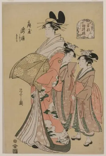 The Courtesan Takihime and Attendants (from the series New Patterns of Young Greens), by Chôbunsai Eishi