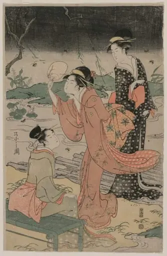 Women Beside a Stream Chasing Fireflies, by Chôbunsai Eishi