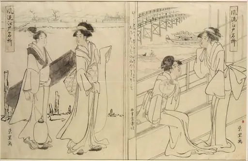 Two pairs of beauties - one at a window, the other taking a walk, by Chōkyōsai Eiri 鳥橋斎栄里