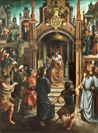 Christ before Pilate, with Christ Led to Annas, the Mocking of Christ, the Denial by Peter, and Christ before Caiaphas, by Master of the Beighem Altarpiece