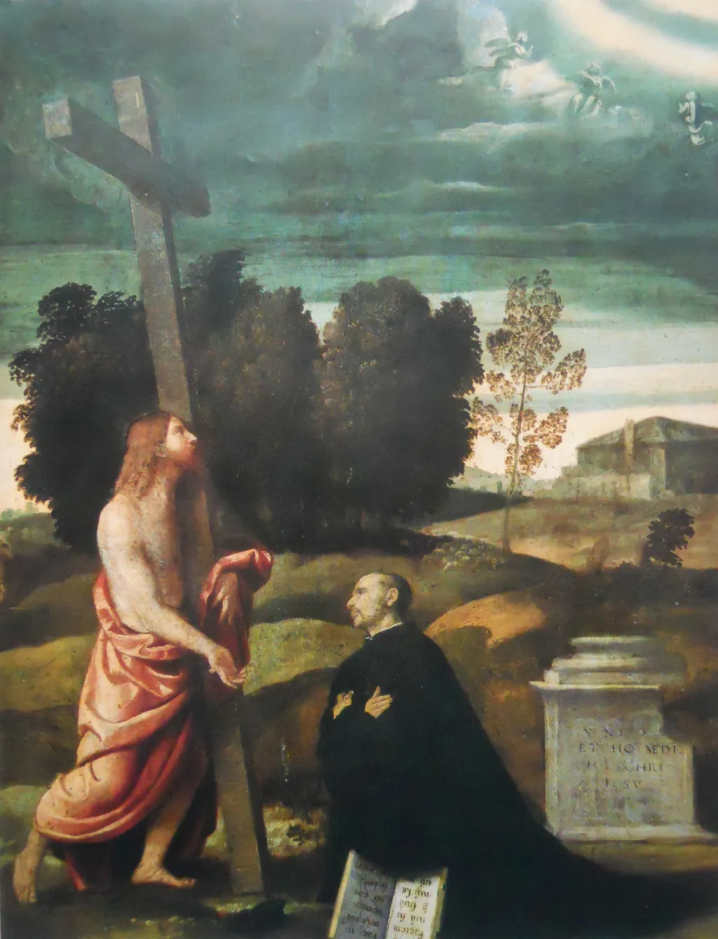 Christ carrying the cross before a kneeling figure