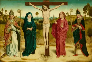 Christ crucified between Mary and John the Evangelist and the saints Adolphus and Ambrosius
