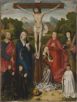 Christ on the cross with the saints Peter, Mary, Mary Magdalene, John the Evangelist and Barbara, with three donors, by Bartholomaeus Bruyn the Elder
