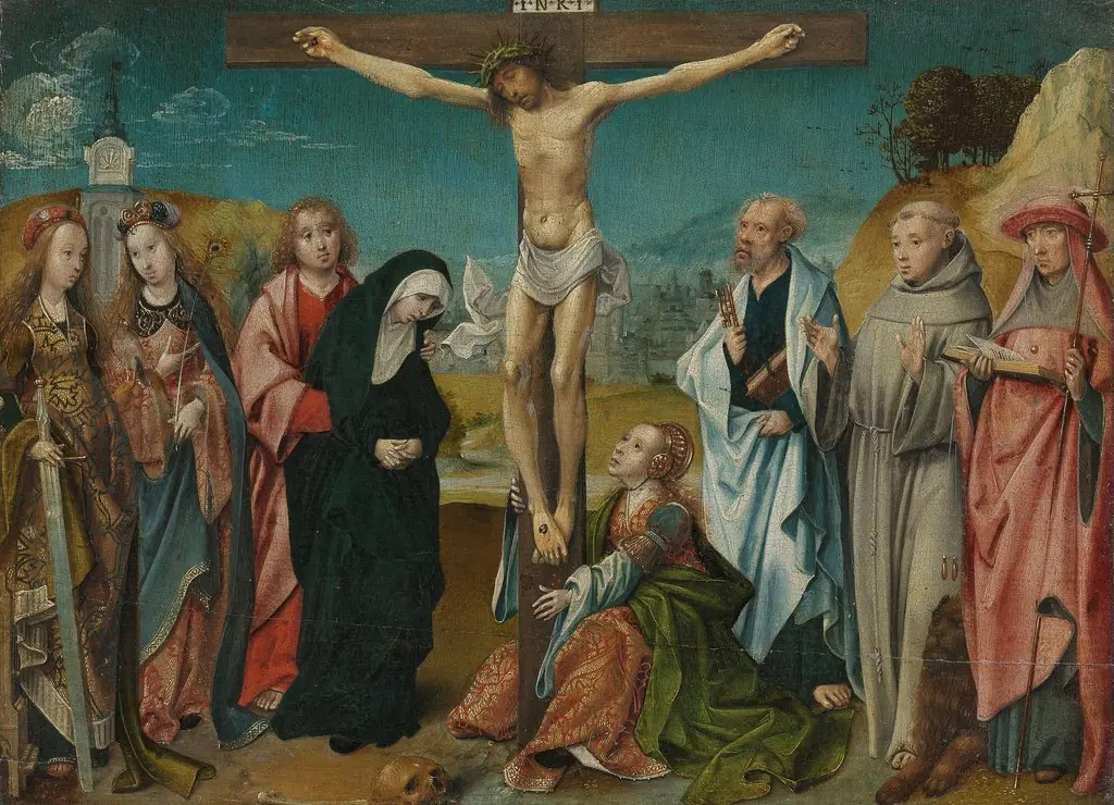 Christ on the cross with the Virgin, St John the Evangelist, Mary Magdalen, and Sts Cecilia and Barbara (left), and Sts Peter, Francis and Jerome (right)