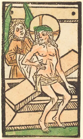 Christ Sitting on His Tomb with One Angel