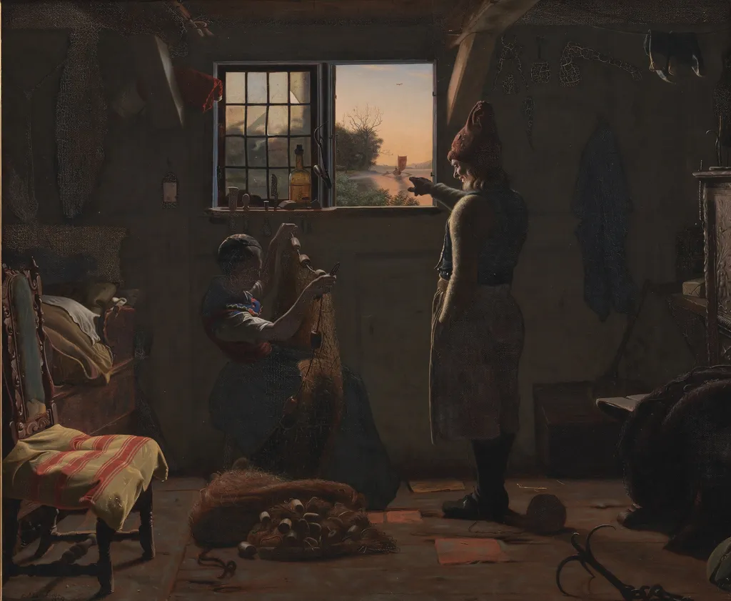 En fisker viser sin datter en bortsejlende båd, by Christen Dalsgaard, oil, 1854