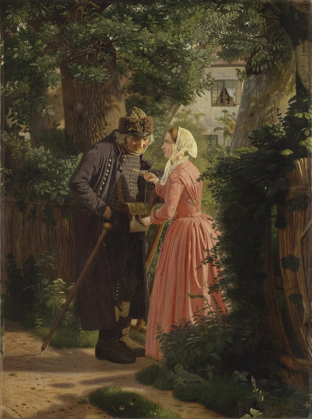 En ung pige beder landsbyens gamle postbud besørge et brev, by Christen Dalsgaard, oil, 1858