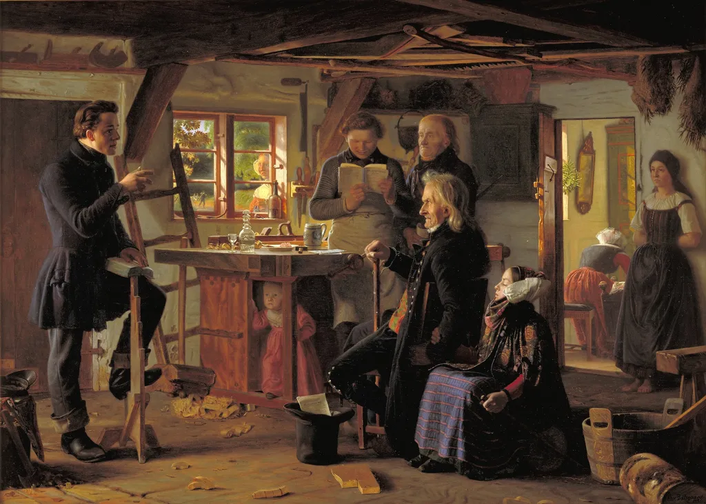 Mormons Visiting a Country Carpenter, by Christen Dalsgaard, oil, 1856