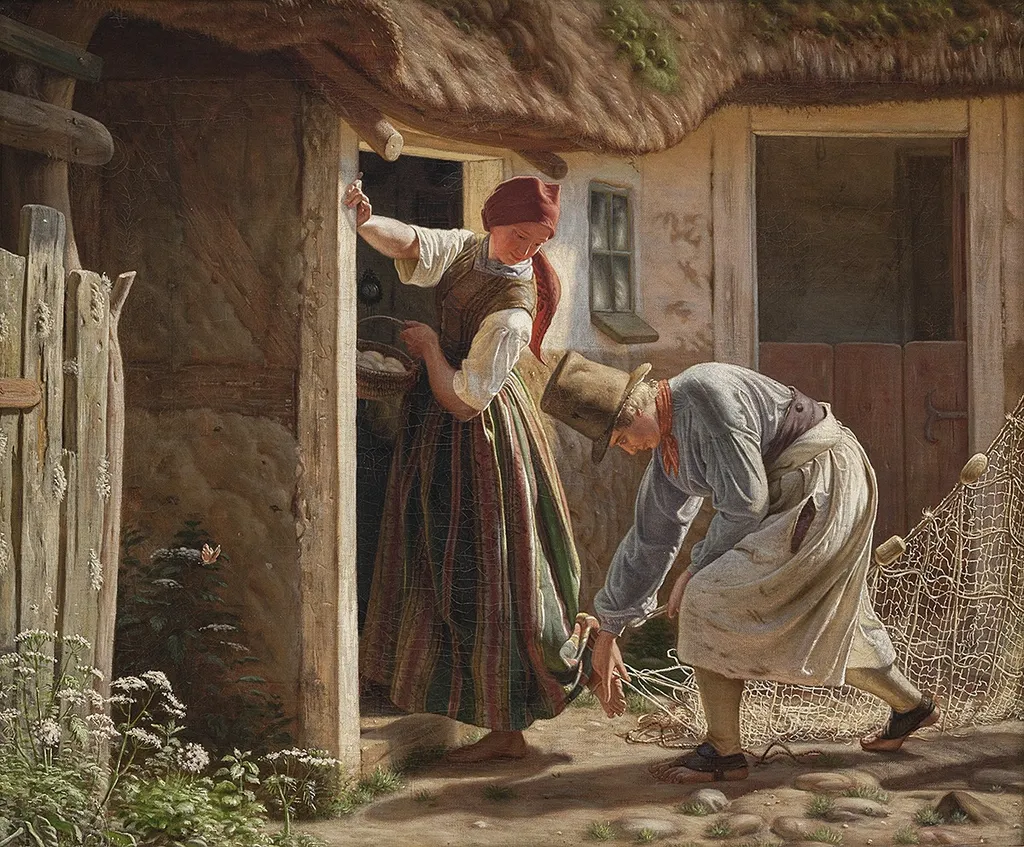 Pigen, der fanges i nettet, by Christen Dalsgaard, oil, 1869