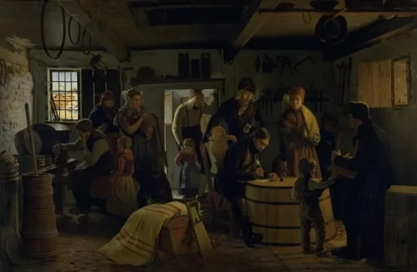 The Bailiff Calls on a Poor Cooper in Salling, by Christen Dalsgaard, oil, 1859