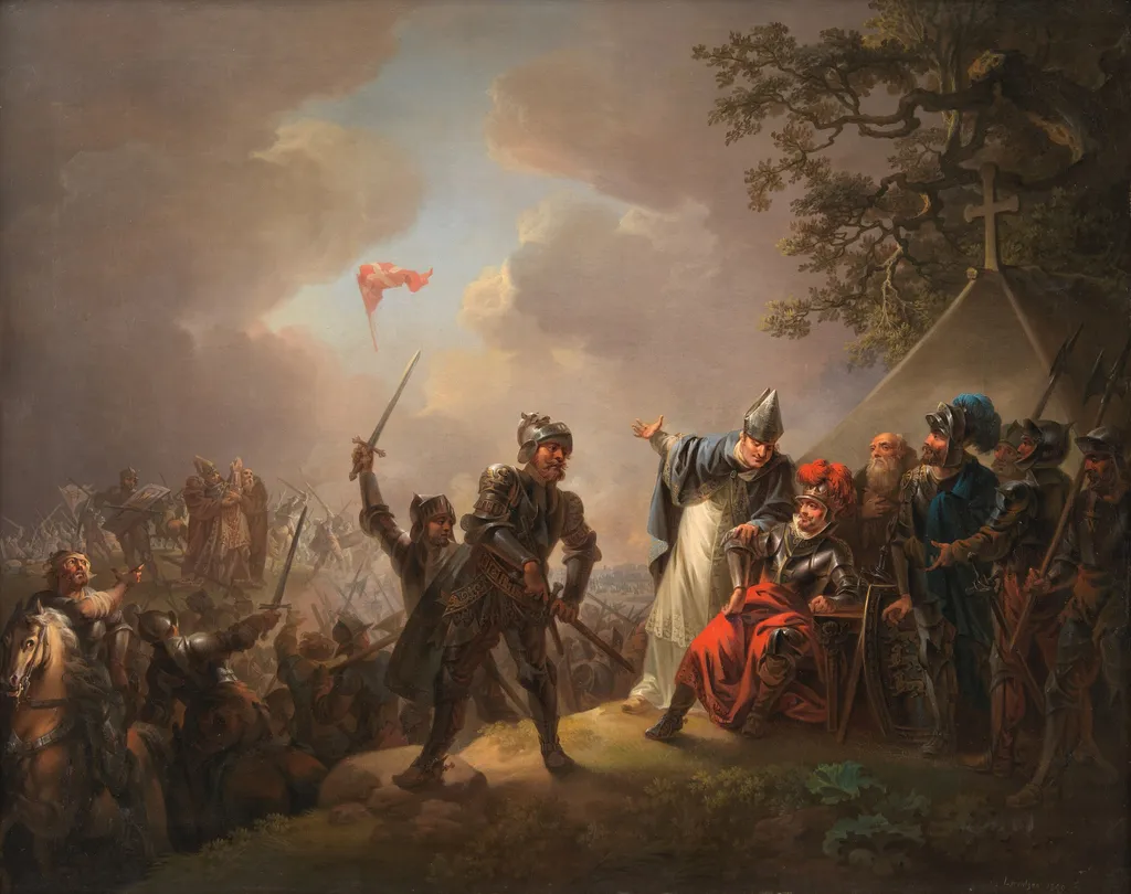The Legend of the Danish Flag (the Dannebrog) Falling from the Heavens during the Battle of Lyndanise in Estonia in 1219, by Christian August Lorentzen, oil, 1809