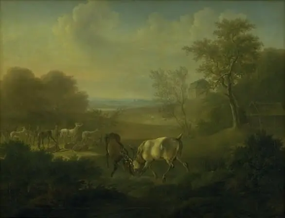 Hjorte i Dyrehaven, i baggrunden Eremitagen, by Christian David Gebauer