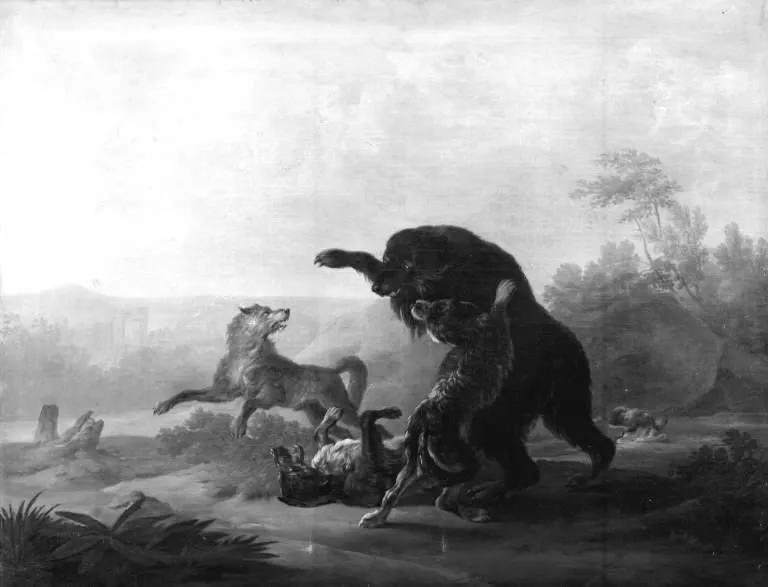 Kamp mellem en bjørn og nogle ulve, by Christian David Gebauer, oil, 1811