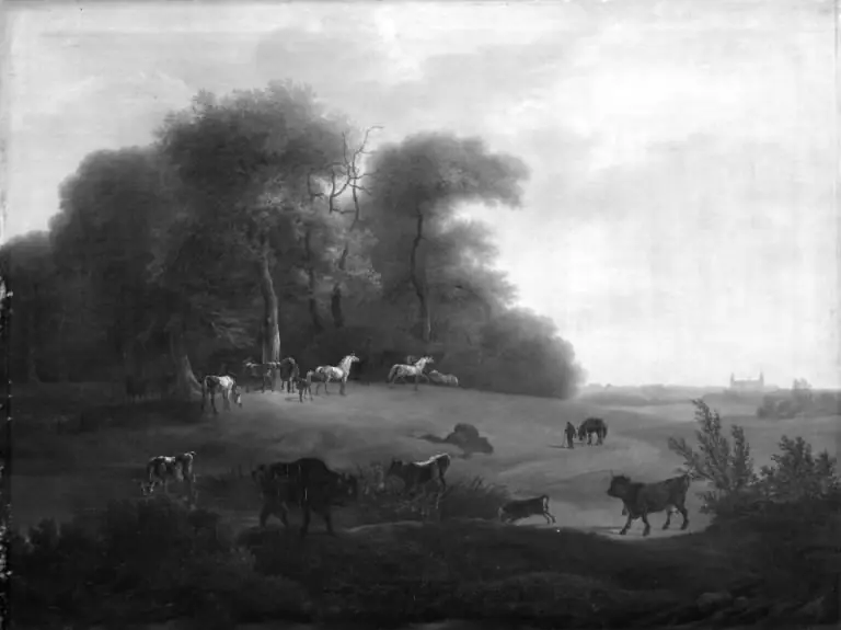 Keld Skov ved Frederiksborg med en del af det kongelige stutteri. I forgrunden schweizer- og tyrolerkvæg, by Christian David Gebauer