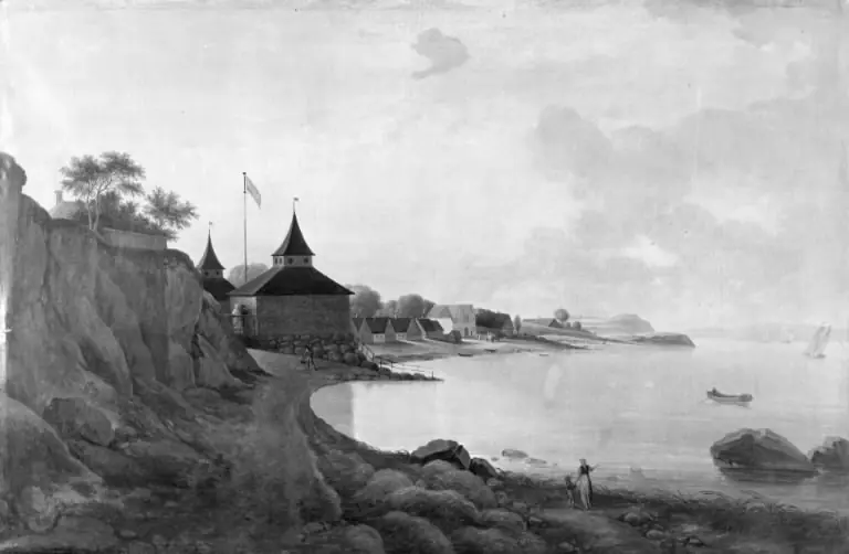 Landskab ved en bugt. Parti fra "Alexandria" ved Vedbæk, by Christian David Gebauer