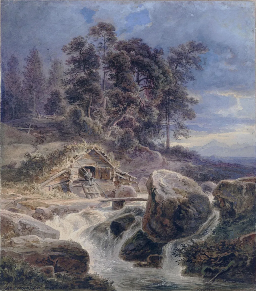 Mountain torrent, Norway, by Christian Ernst Bernhard Morgenstern, watercolor, 1846