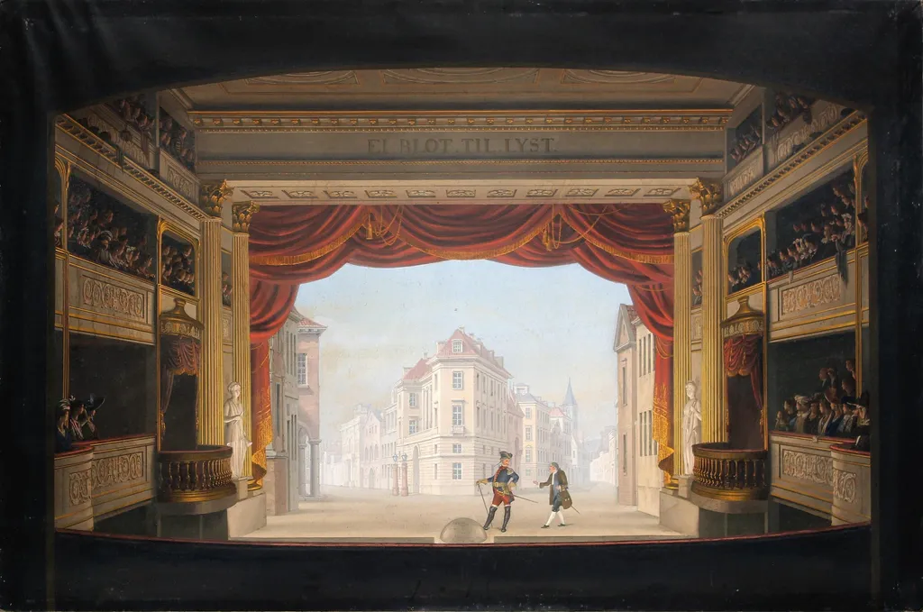 Det indvendige af Det kgl. teater under fremstillingen af Jacob v. Thyboe, by Christian Ferdinand Christensen, unspecified, 1820