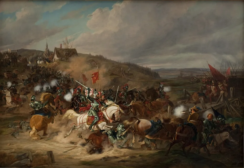 Daniel Rantzau bemægtiger sig Tureby Bro i Skåne under Syvårskrigen 1563-1570, by Christian Frederik Carl Holm, oil, 1839