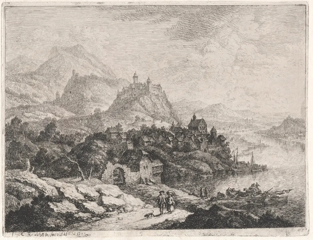 A Wide Riverscape with a View of Heidelberg Castle, by Christian Georg Schüz II, ink, 1783