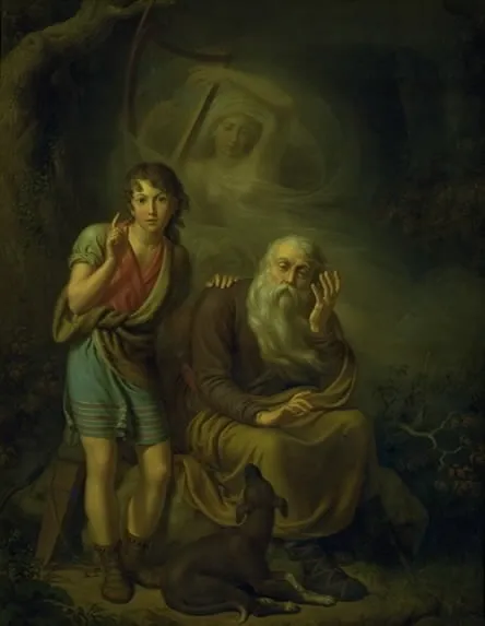 Ossian and Alpin's Son Hearing the Spirit of Malvina Touching the Harp. Illustrating Ossian's Swansong, by Christian Gottlieb Kratzenstein-Stub, oil, 1816