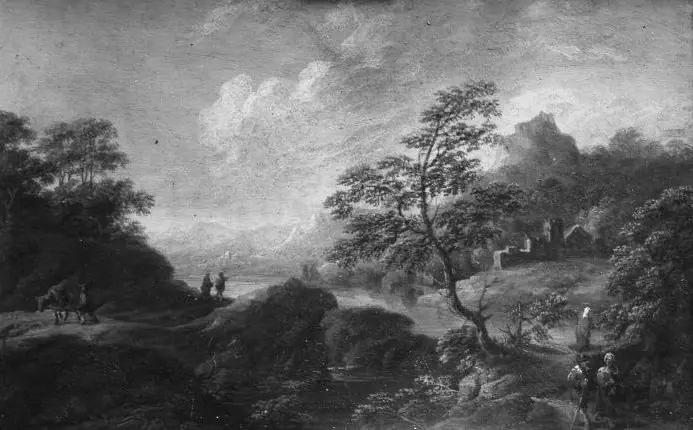 Landscape: Backside: copper engraving portrait of a man, by Christian Hilfgott Brand