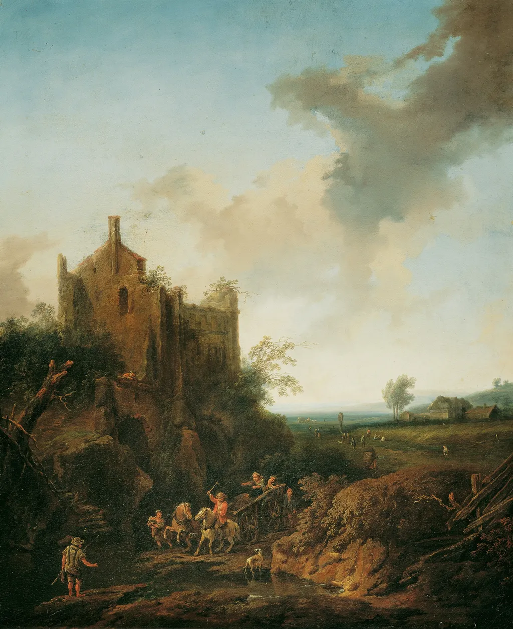 Landscape with a ruined castle near a fordable place in the river, by Christian Hilfgott Brand, oil, 1746