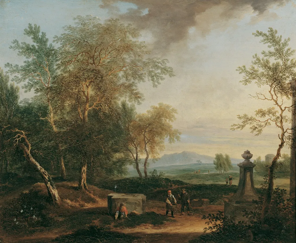 Landschaft mit Postament, by Christian Hilfgott Brand, oil, 1753