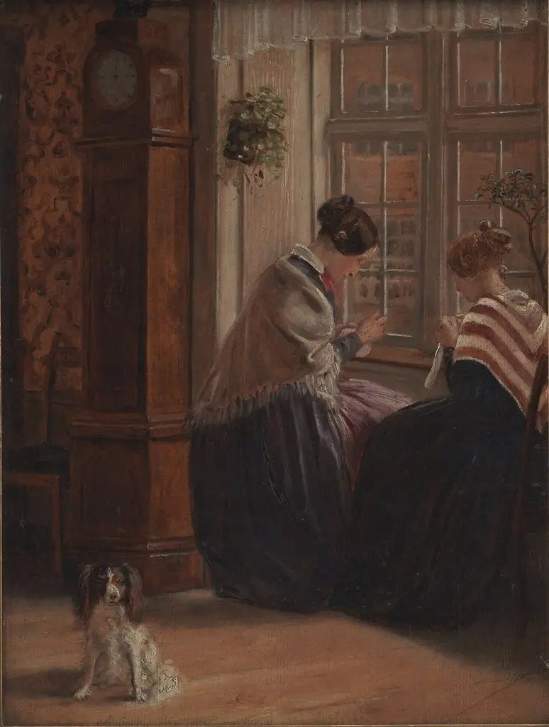 To damer sidder ved et vindue og syr, by Christian Rudolph Vogelsang