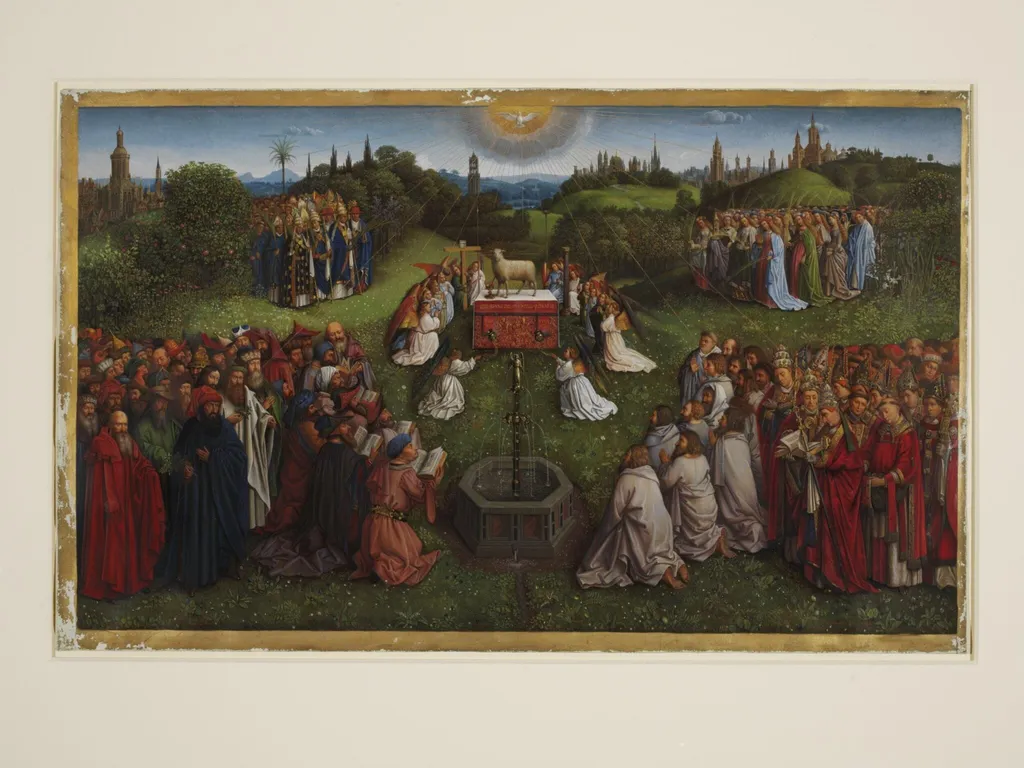 Copy of a detail of the Ghent Altarpiece, Adoration of the Lamb, by Hubert and Jan van Eyck in the church of St Bavon, Ghent., by Christian Schultz, watercolor, 1865