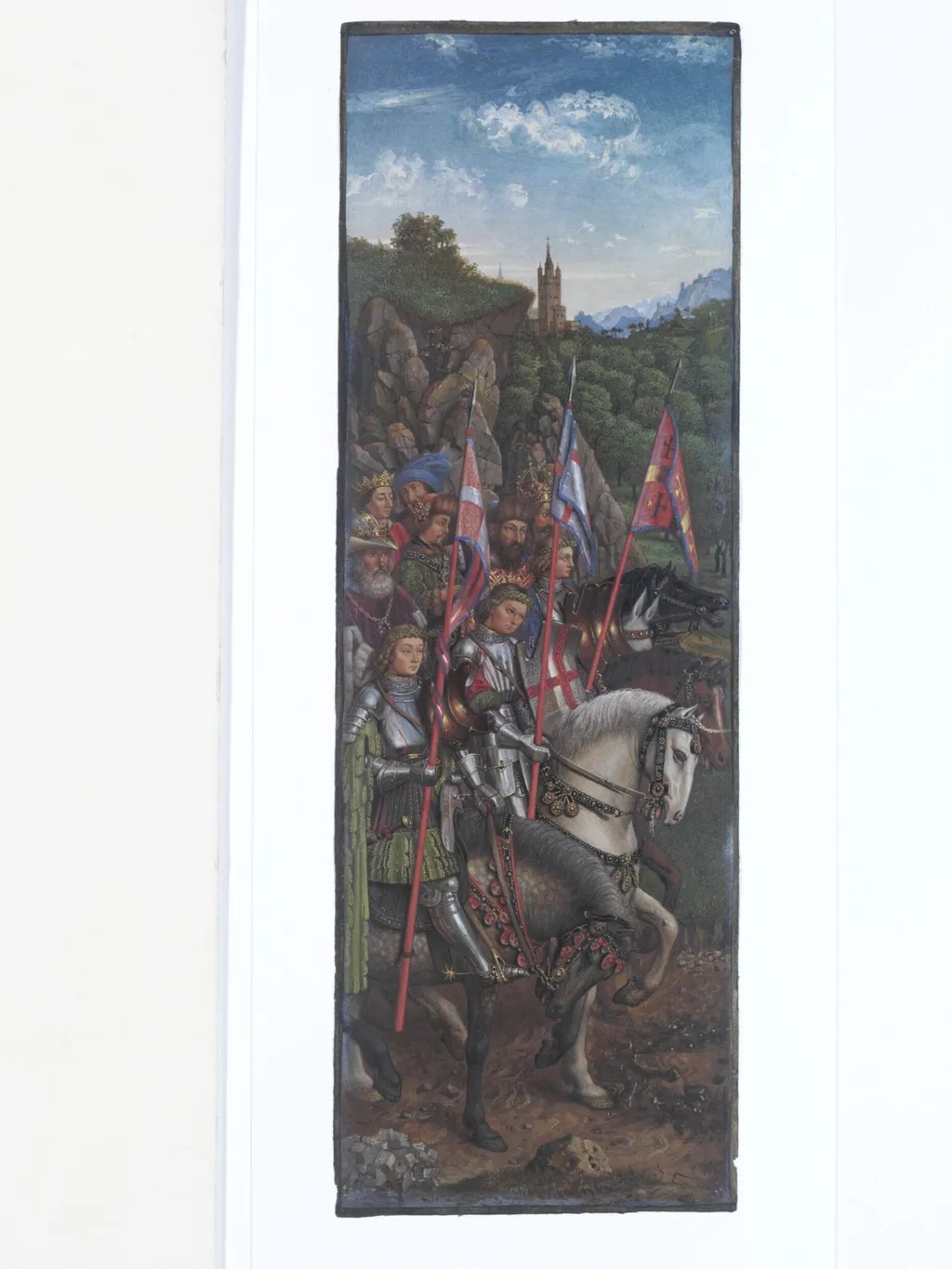 Copy of a detail of the Ghent Altarpiece, Knights of Christ, by Hubert and Jan van Eyck in the church of St. Bavon, Ghent., by Christian Schultz, watercolor, 1864