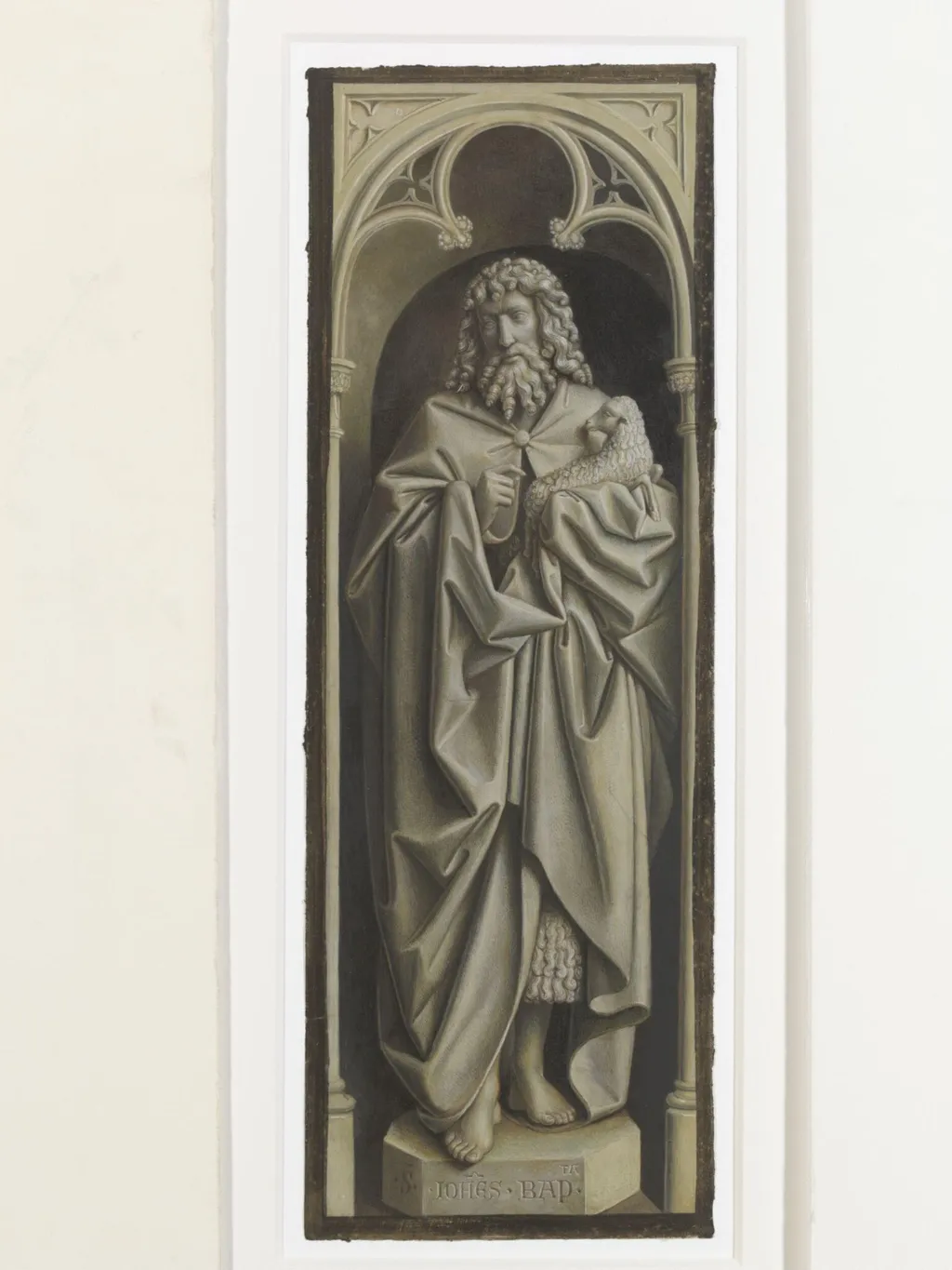 Copy of a detail of the Ghent Altarpiece, St John the Baptist by Hubert and Jan van Eyck in the church of St Bavon, Ghent., by Christian Schultz, watercolor, 1864