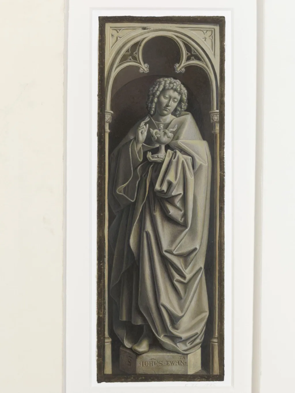 Copy of a detail of the Ghent Altarpiece, St John the Evangelist, by Hubert and Jan van Eyck in the church of St Bavon, Ghent., by Christian Schultz, watercolor, 1864