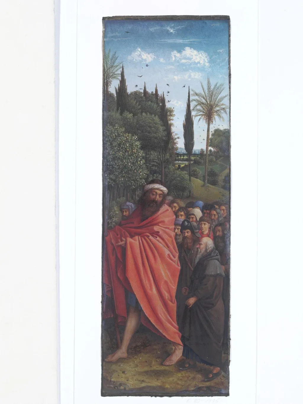 Copy of a detail of the Ghent Altarpiece, The Hermits, by Hubert and Jan van Eyck in the church of St. Bavon, Ghent., by Christian Schultz, watercolor, 1864