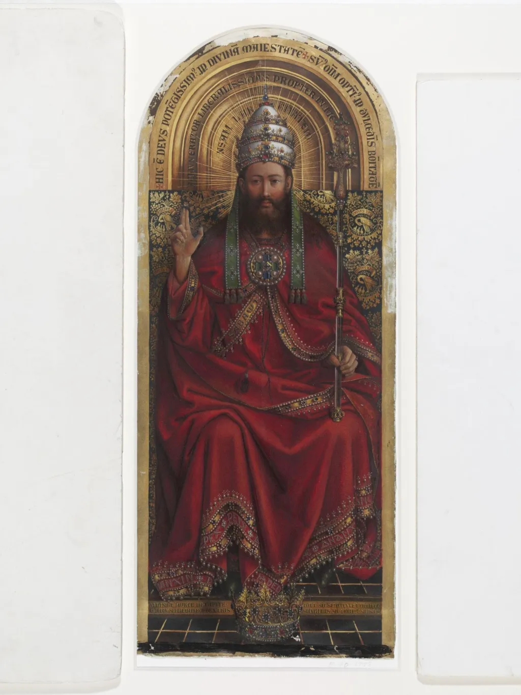 Copy of a detail of the Ghent Altarpiece, Triune God by Hubert and Jan van Eyck in the church of St Bavon, Ghent, by Christian Schultz, watercolor, 1864