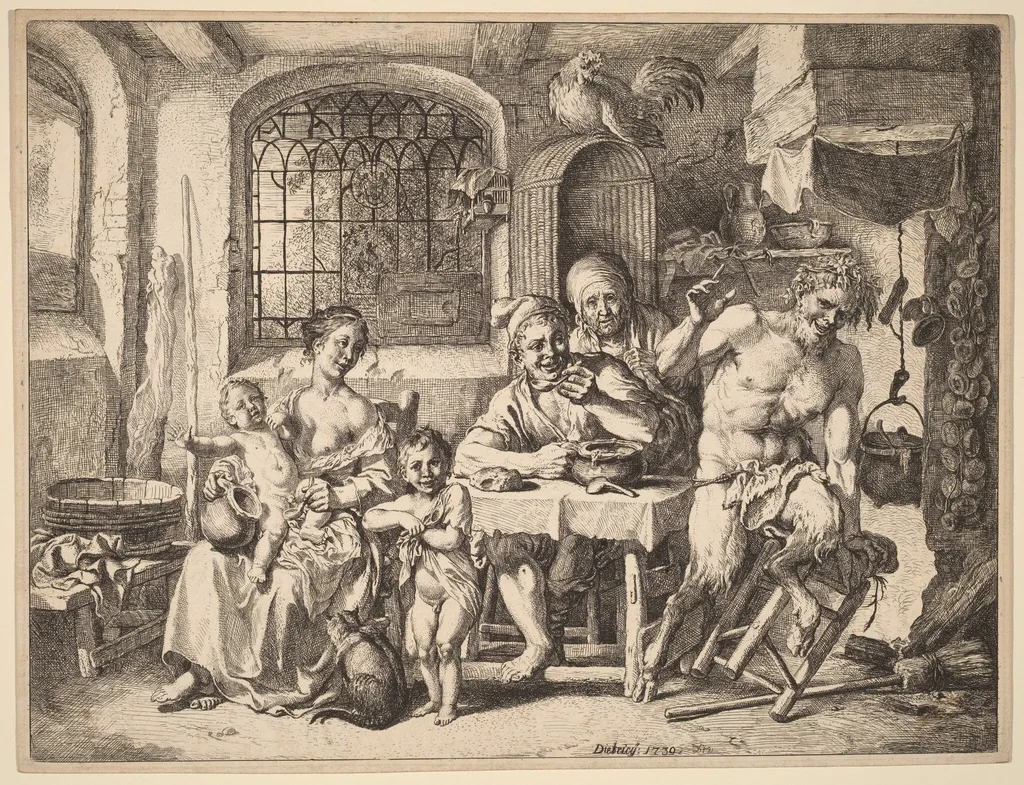 A Satyr Visiting a Peasant Family, by Christian Wilhelm Ernst Dietrich, ink, 1739