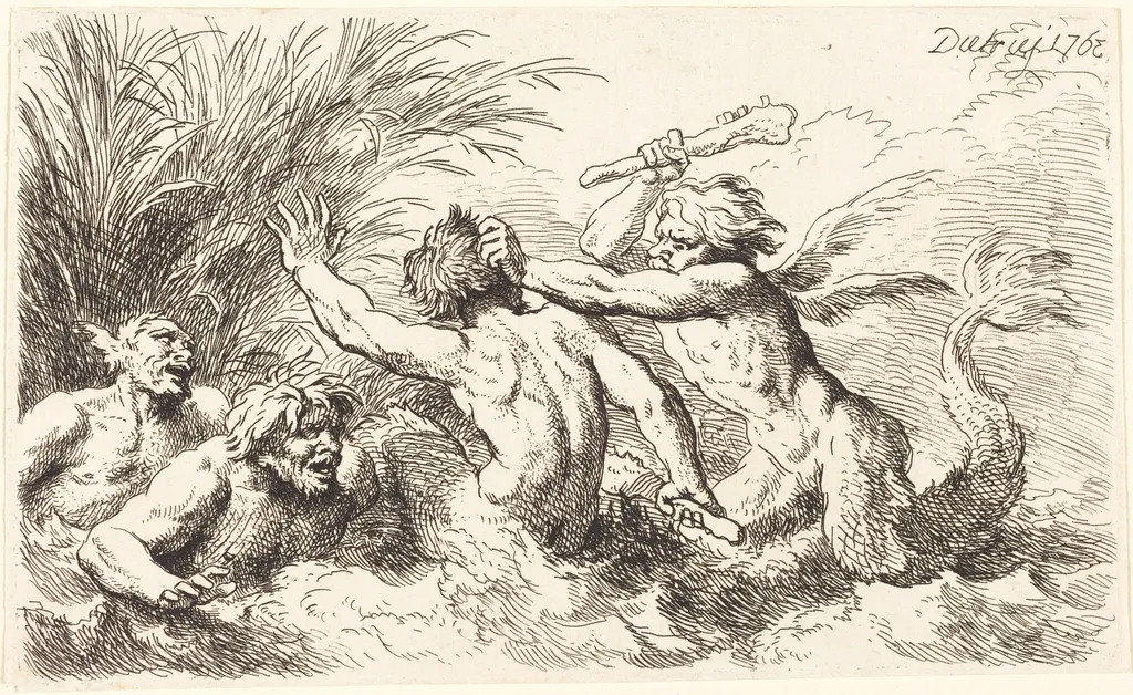 Battling Tritons, by Christian Wilhelm Ernst Dietrich, ink, 1763