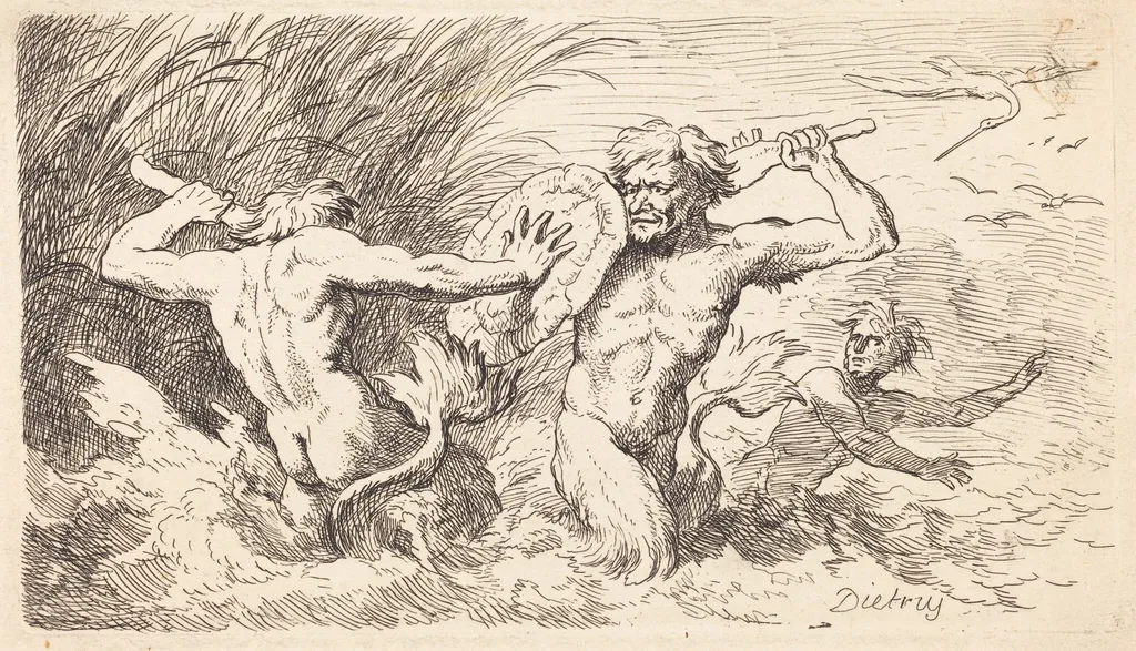 Battling Tritons, by Christian Wilhelm Ernst Dietrich, ink, 1763