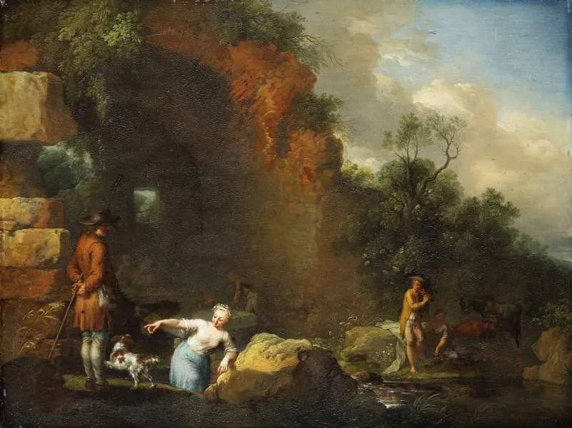 Italian Landscape with Shepherds (in front of a Grotto), by Christian Wilhelm Ernst Dietrich, paint, 1745