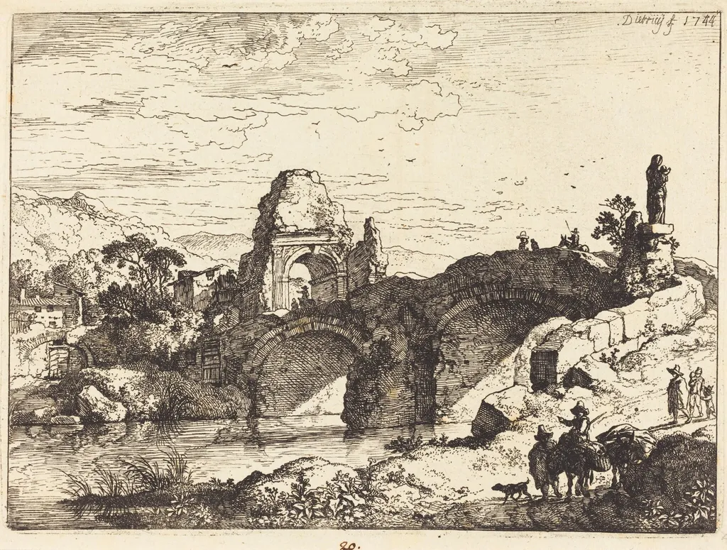 Landscape with a Bridge and Ruined Tower, by Christian Wilhelm Ernst Dietrich, ink, 1744