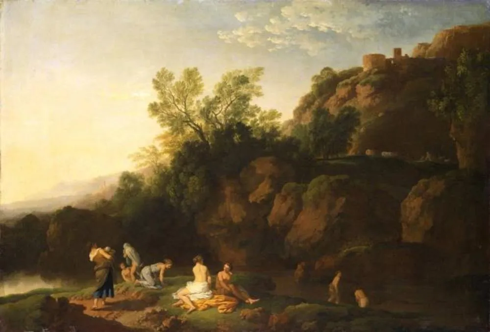 Southern landscape with bathing women, by Christian Wilhelm Ernst Dietrich, oil, 1754