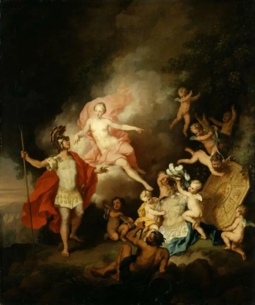 Venus hands over to Aeneas the armour forged by Vulcan, by Christian Wilhelm Ernst Dietrich