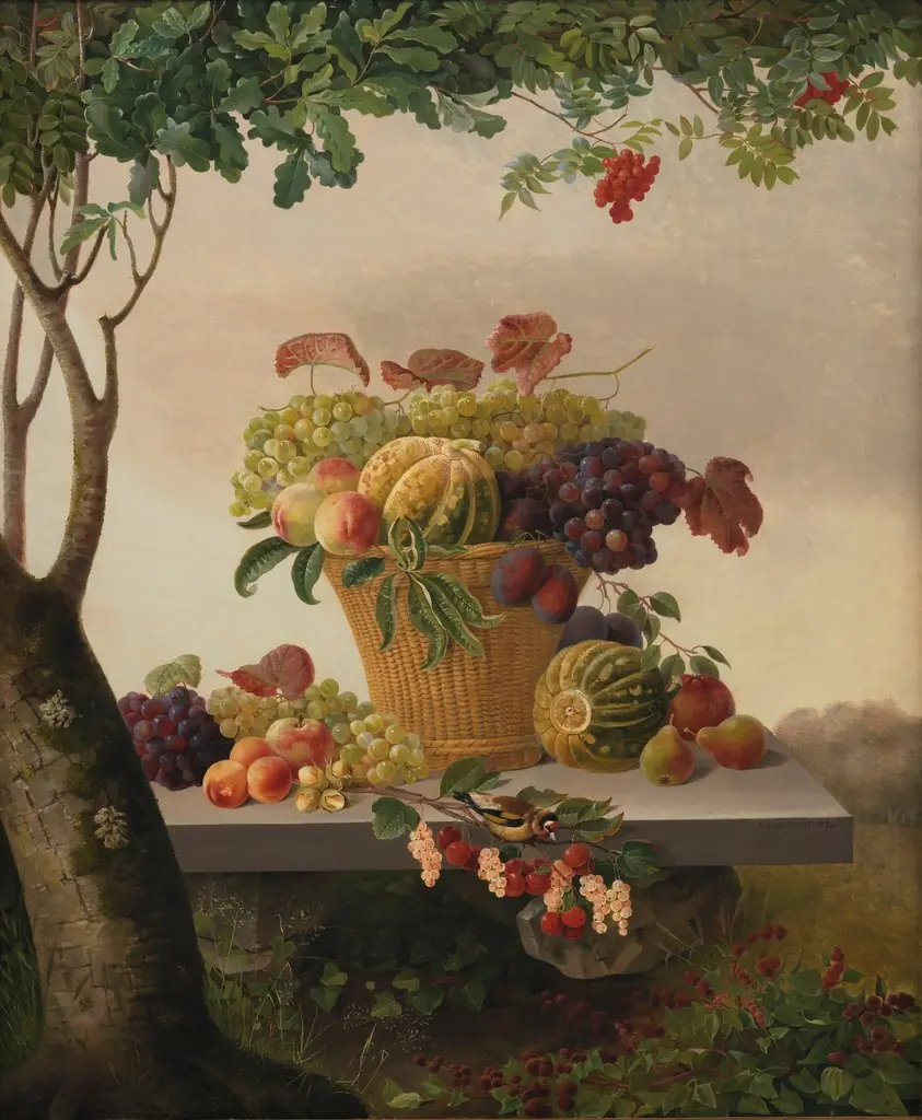 A Basket of Fruit in a Landscape, by Christine Løvmand
