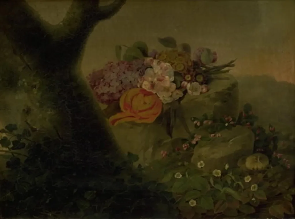 Blomster på en sten, by Christine Løvmand, oil, 1845