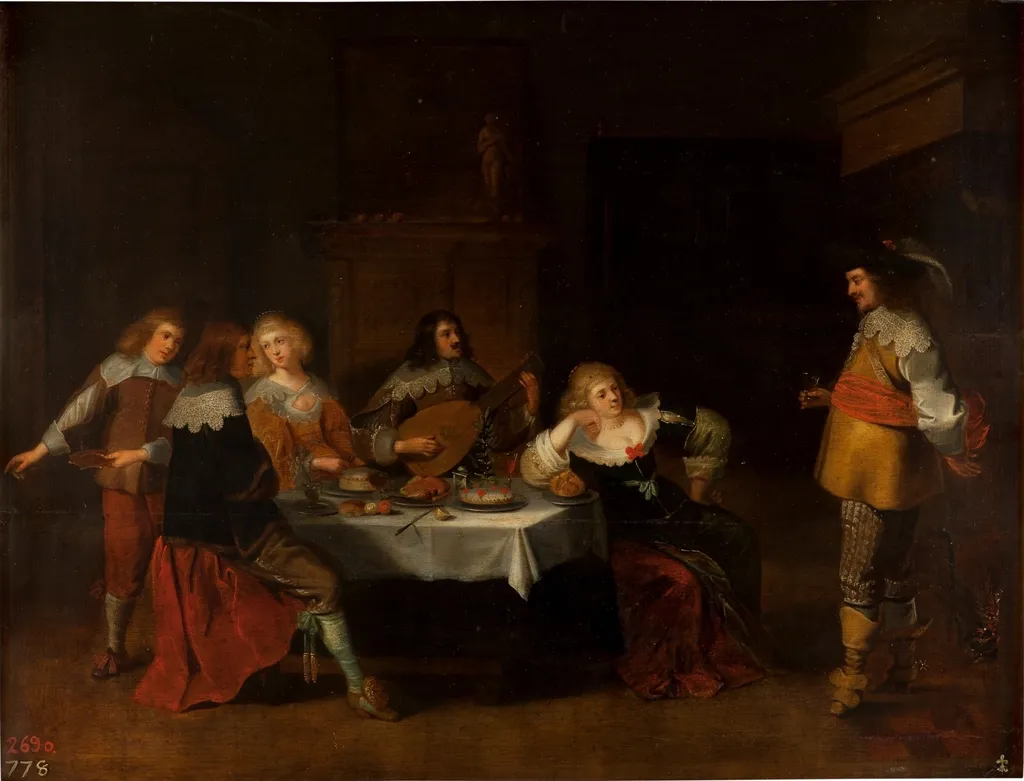 Elegant company in an interior oder Banquet of courtesans and soldiers, by Christoffel Jacobsz van der Laemen, oil, 1630