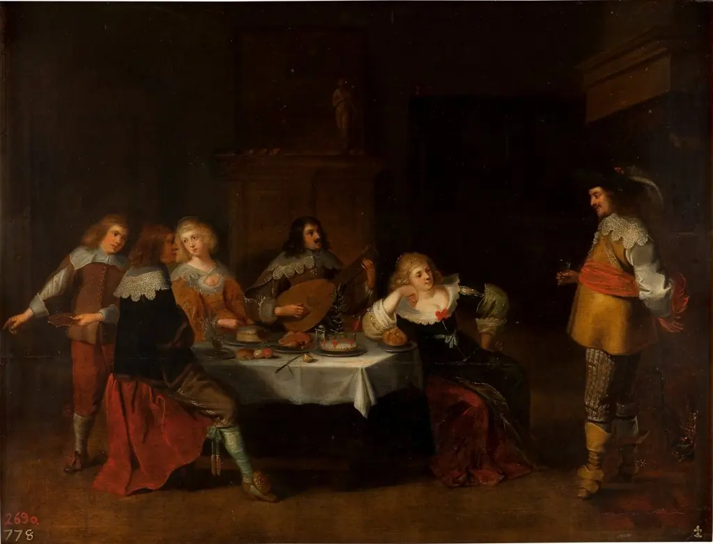 Elegant company in an interior oder Banquet of courtesans and soldiers, by Christoffel Jacobsz van der Laemen