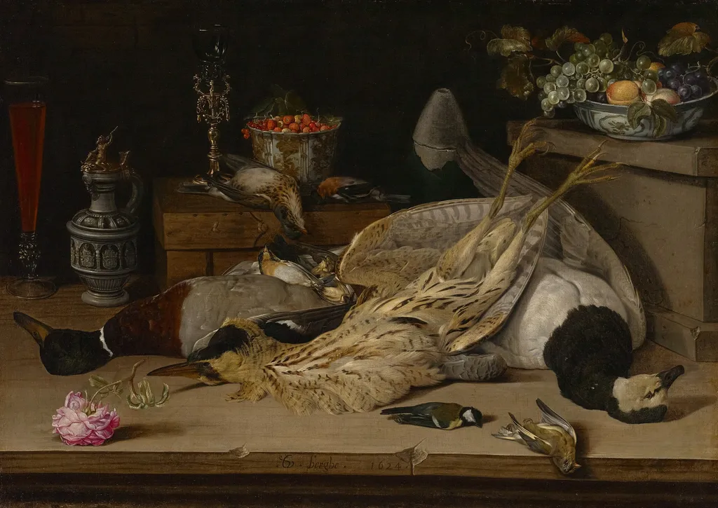 Still Life with Dead Birds, by Christoffel van den Berghe, oil, 1624