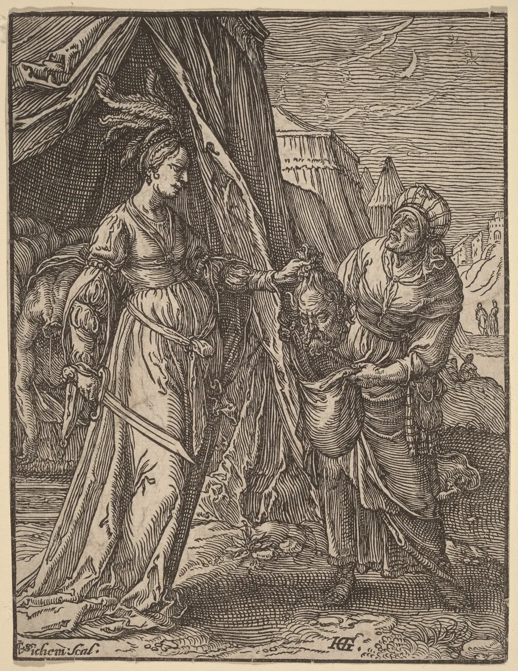 Judith with the Head of Holofernes, by Christoffel van Sichem I, ink, 1588